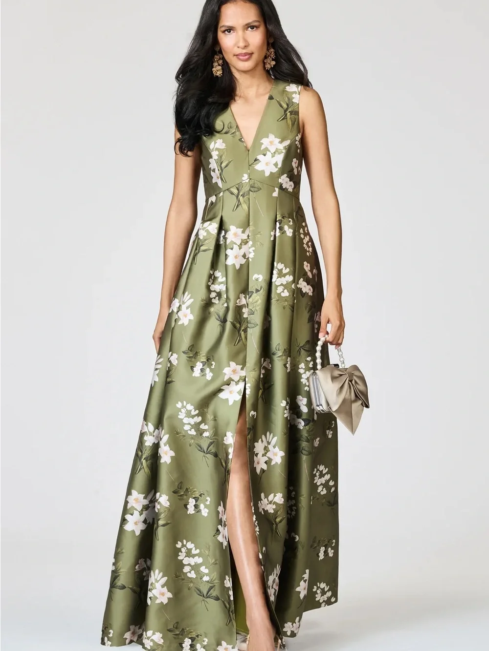 Sachin & Babi Sz 4 Moss Formosa Olive Green Floral V-Neck Maxi Dress Brooke Gown - Picture 1 of 4